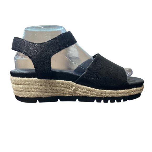 Josef Seibel Espadrille Sandals Black Leather Open Toe Wedge Size 39 / US 8-8.5 - Picture 3 of 10